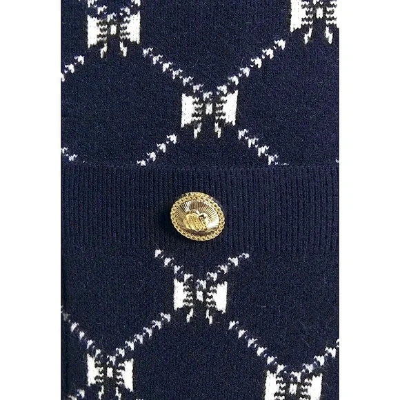 MAJE Navy Bow Design Jacquard Knit Gold Logo Button Patch Pocket Mini Skirt 6 - Picture 12 of 14